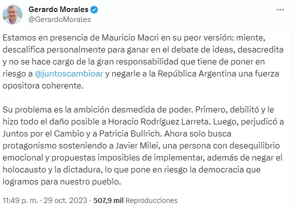 el tuit de morales contra macri