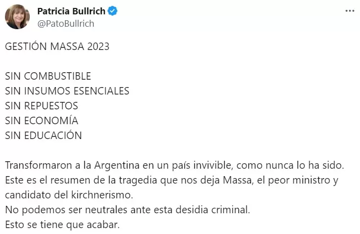 Tweet de Patricia Bullrich