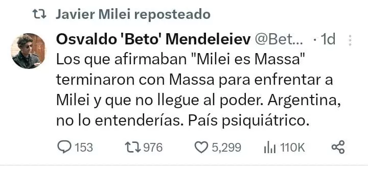 Tweet "País psiquiátrico", según Javier Milei.
