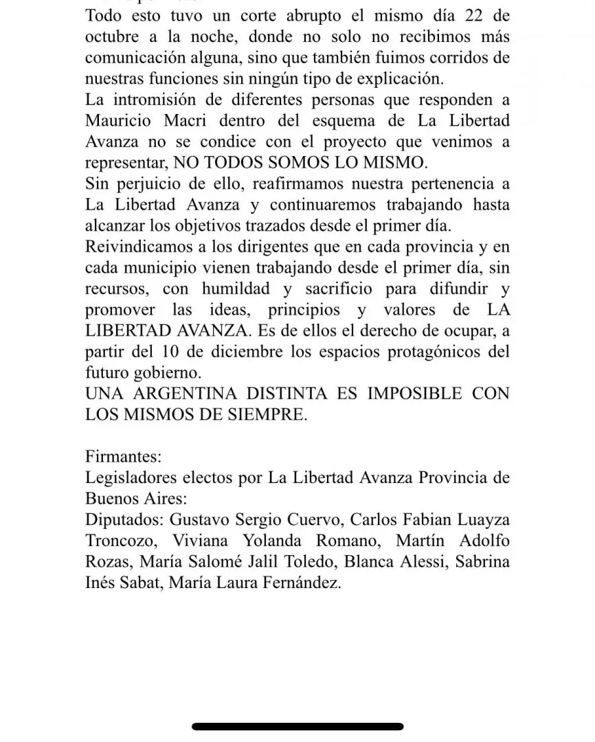 Comunicado de ocho diputados de La Libertad Avanza