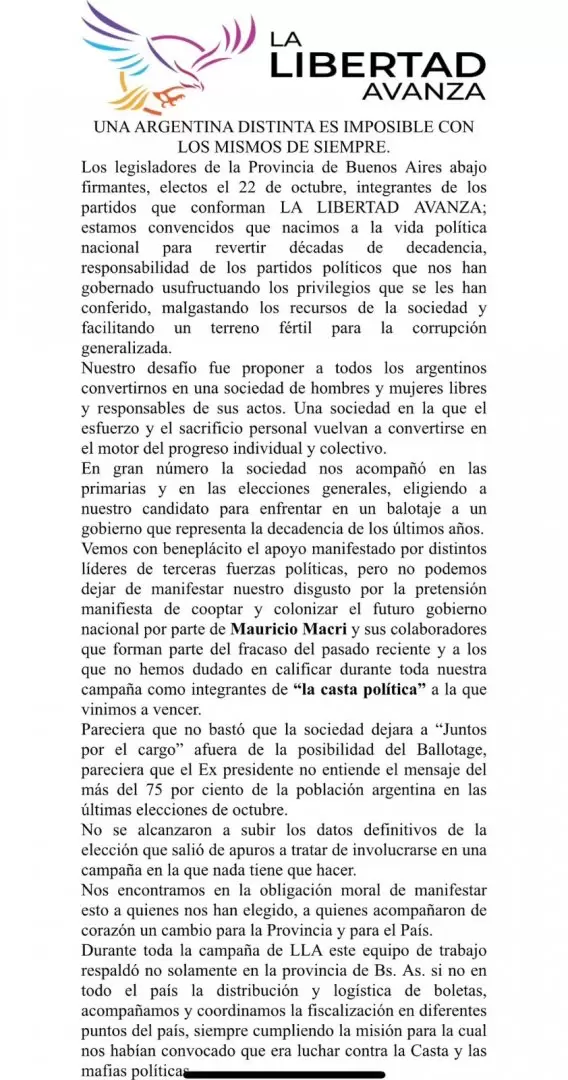 Comunicado de ocho diputados de La Libertad Avanza