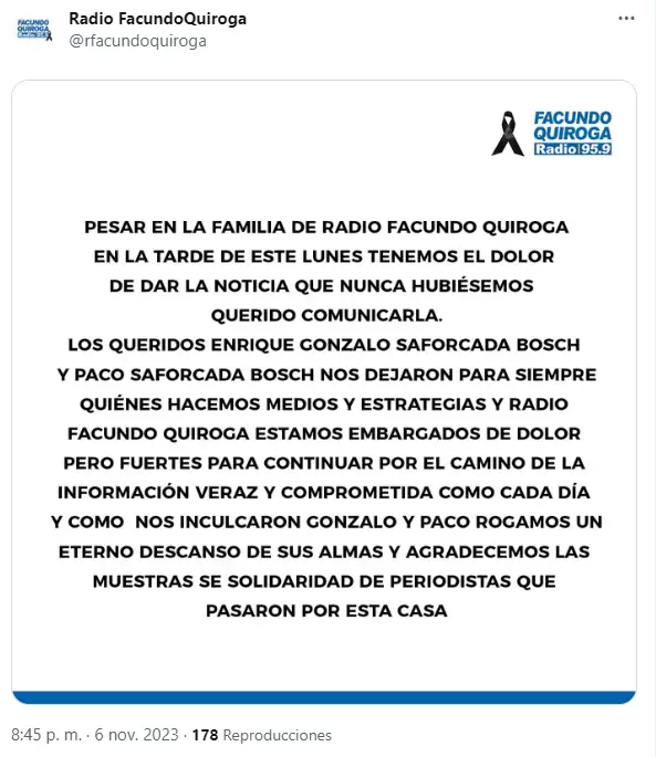 Comunicado muerte de empresarios radiales