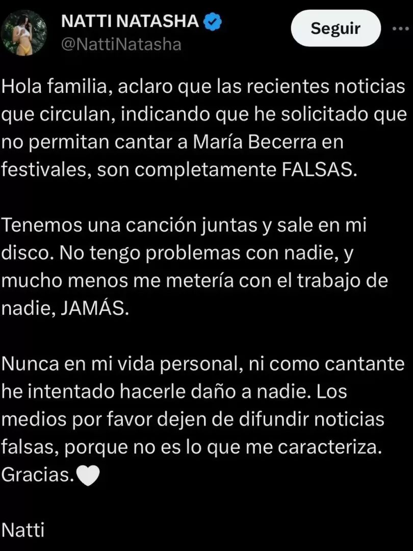 El tuit de Natti Natasha negando su enemistad con Mara Becerra.