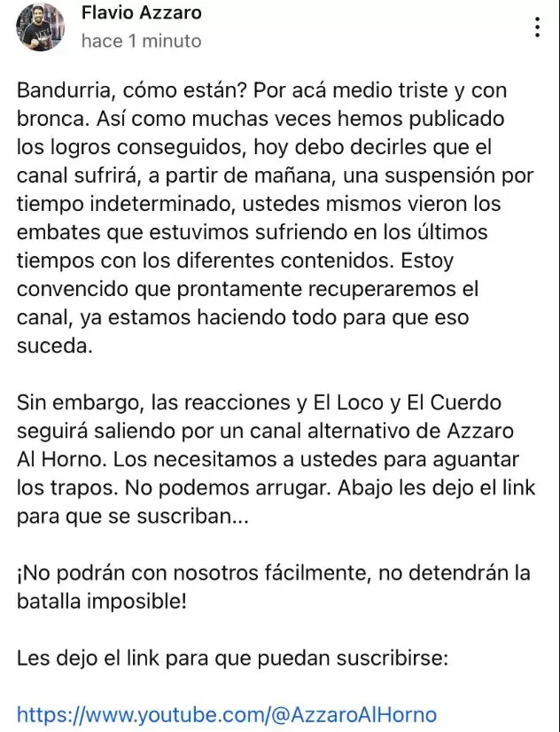 El descargo de Flavio Azzaro por la suspensin de su cuenta de YouTube.