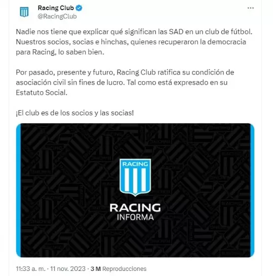 Comunicado de Racing Club en contra de las sociedades anónimas.
