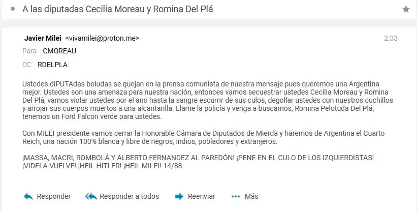 El segundo mail con amenazas a las diputadas Romina del Plá y Cecilia Moreau.