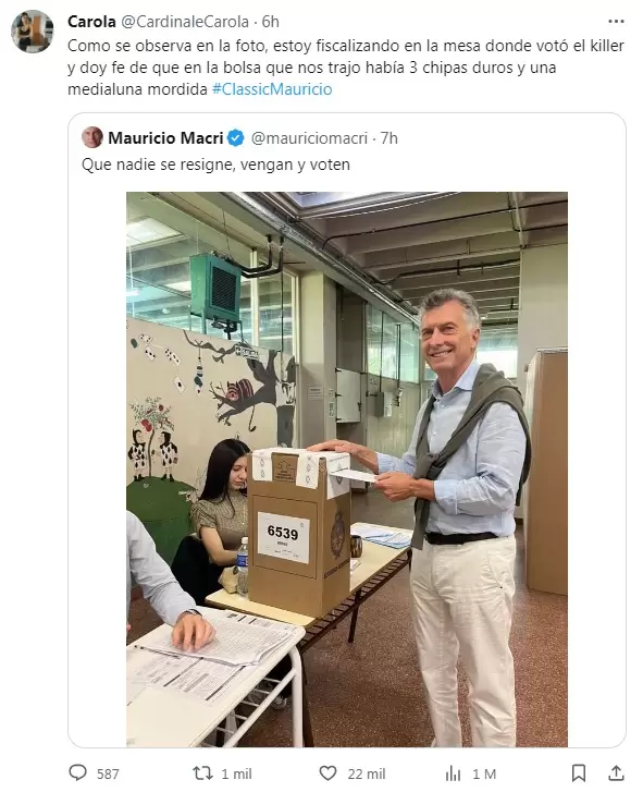 El tuit de la fiscal de mesa donde votó Mauricio Macri, alrededor de las medialunas que dejó.
