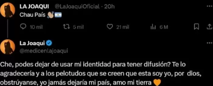 La Joaqui responde tweets desmintiendo una situacin.