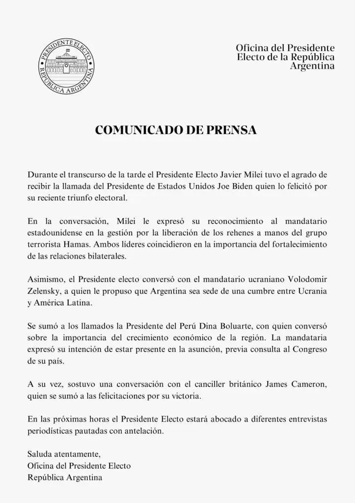 El comunicado de prensa de Javier Milei