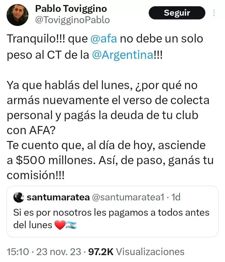 Cruce de Pablo Toviggino y Santi Maratea en Twitter.