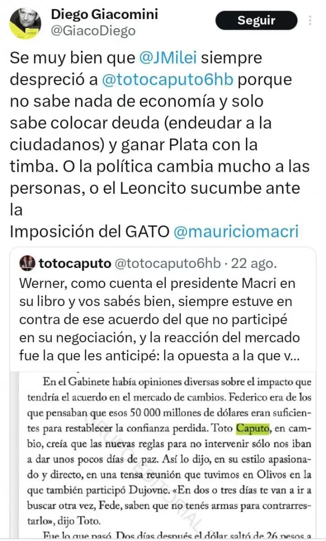 Tweet de Diego Giacomini contra Luis Caputo.