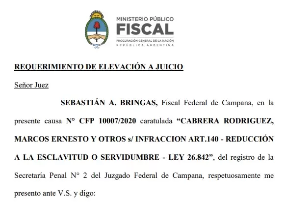 Un tramo del pedido de elevacin a juicio contra Yao Cabrera por reduccin a la esclavitud o servidumbre.