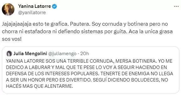 Una de las respuestas de Yanina Latorre al tuit de Julia Mengolini.