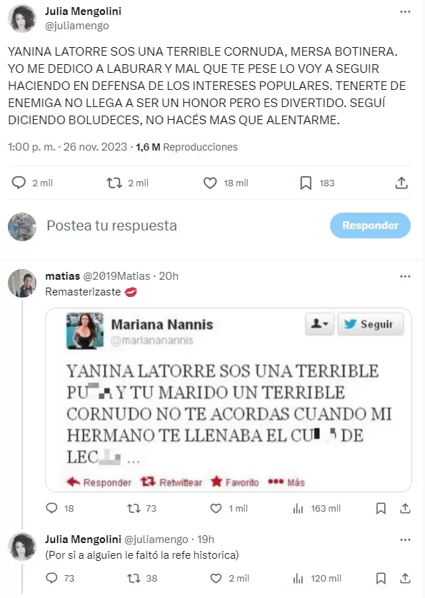 El tuit de Julia Mengolini contra Yanina Latorre, que buscó evocar uno anterior de Mariana Nannis.