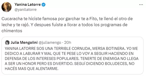 Una de las respuestas de Yanina Latorre al tuit de Julia Mengolini.