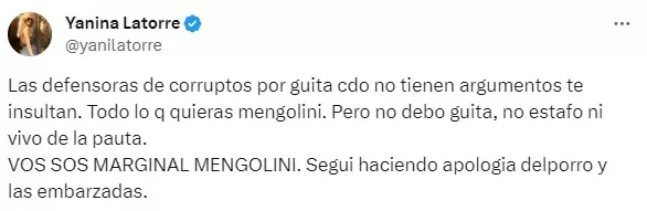 Una de las respuestas de Yanina Latorre al tuit de Julia Mengolini.