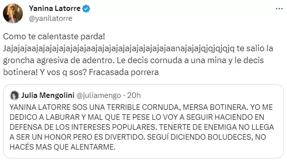 Una de las respuestas de Yanina Latorre al tuit de Julia Mengolini.