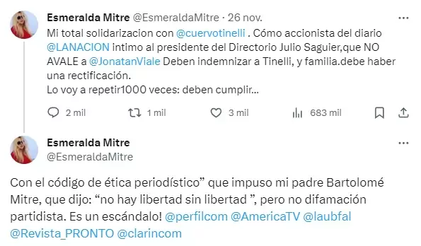 Los tuits de Esmeralda Mitre en defensa de Marcelo Tinelli y contra Jonatan Viale.