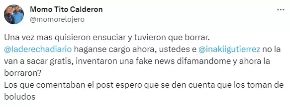 La respuesta de "Momo" a la fake news que compartió Iñaki Gutiérrez.