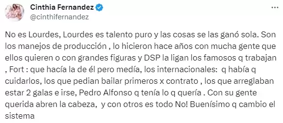 El tuit de Cinthia Fernández donde revela que no tuvo mala intención con Lourdes Sánchez.