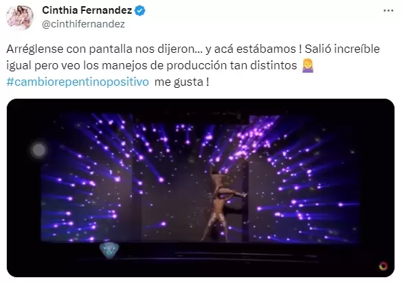 El tuit de Cinthia Fernández donde expone cómo debieron hacer su coreografía por no tener los recursos que le dieron a Lourdes Sánchez,