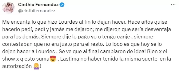 El tuit de Cinthia Fernndez en donde aclara que no tiene mala onda con Lourdes Snchez y que el reclamo no es hacia ella.