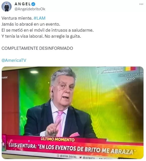 El tuit en el que ngel de Brito contradice a Luis Ventura y asegura que est "completamente desinformado".