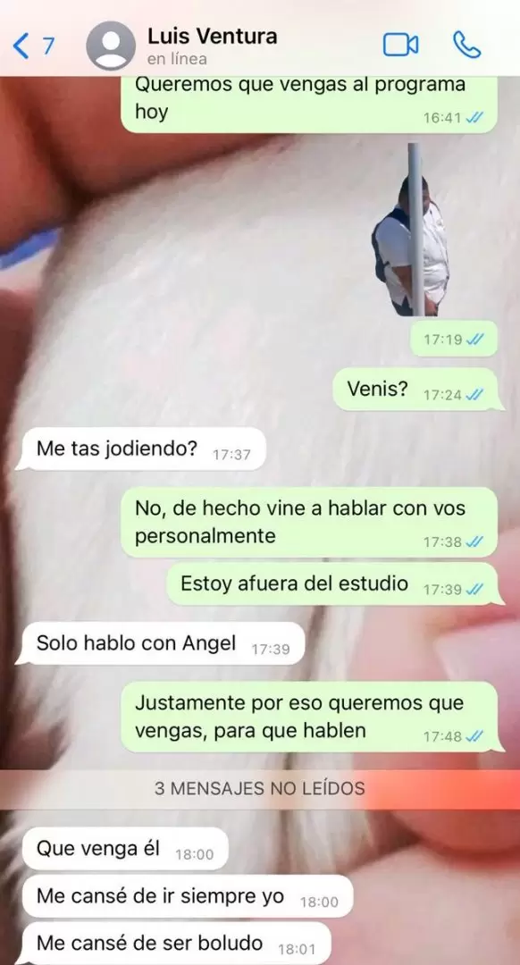 El chat entre la produccin de LAM y Luis Ventura, en el cual lo invitaron al programa y l lo rechaz.