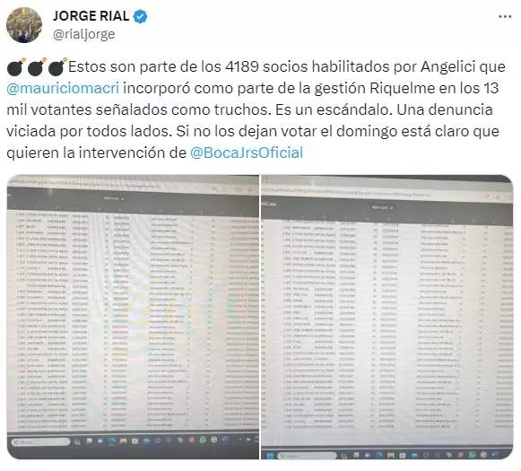 El tuit de Jorge Rial donde expone la maniobra macrista para intervenir Boca Juniors.