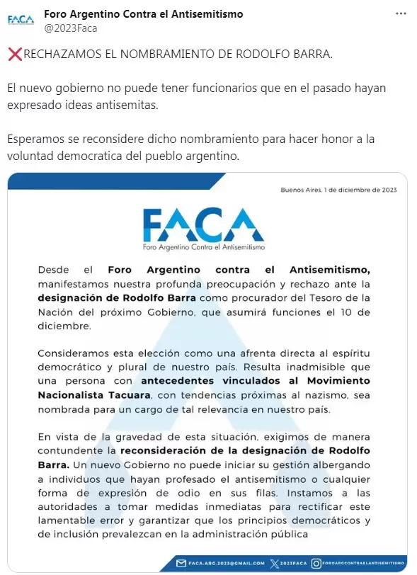 El comunicado del Foro Argentino Contra el Antisemitismo contra el nombramiento de Rodolfo Barra.