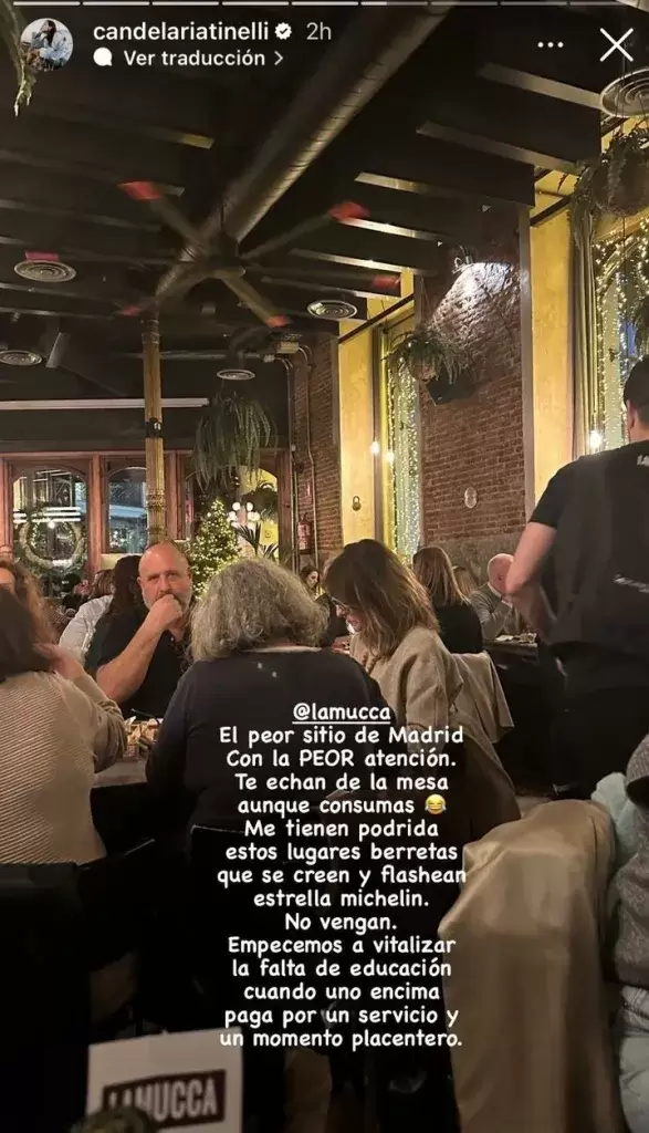 Las historias donde Cande Tinelli protest contra el restaurante madrileo.