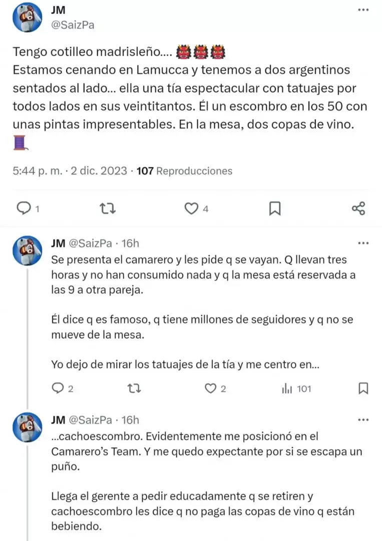Los tuits del espaol que detect a Cande Tinelli y Coti Sorokin en un restaurante de Madrid