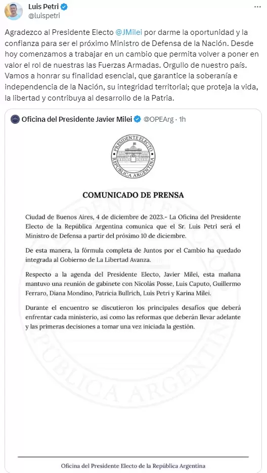 Luis Petri y el tuit en donde agradeci que Javier Milei lo haya nombrado ministro de Defensa.