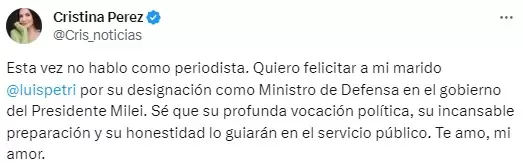 La celebracin de Cristina Prez por el nombramiento de su pareja Luis Petri como ministro de Defensa.