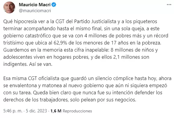 El descargo de Mauricio Macri contra la CGT