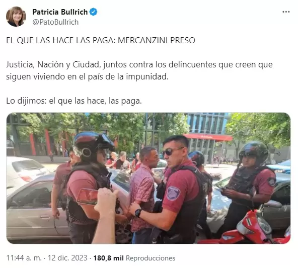 "El que las hace las paga": as celebr la detencin de Mercanzini la ministra Patricia Bullrich.