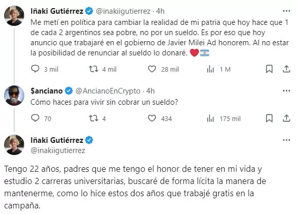 El tuit de Iaki Gutirrez en donde renuncia a su sueldo y la respuesta a quien le pregunta de qu vivir.