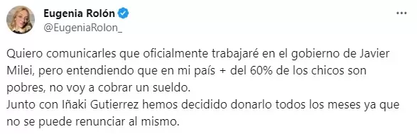 El tuit de Eugenia Roln donde asegura que renunciar a su sueldo.