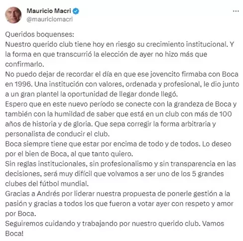 "Queridos boquenses": la carta de Mauricio Macri tras la derrota en las elecciones.