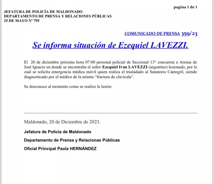 El parte oficial de la Jefatura de Polica de Maldonado sobre la lesin de Ezequiel Lavezzi.