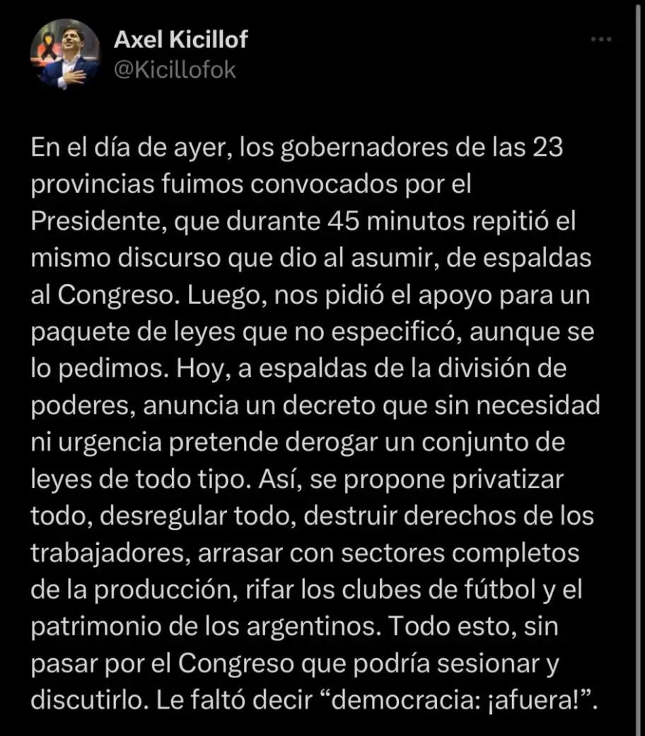 Kicillof contra Milei y su extenso DNU