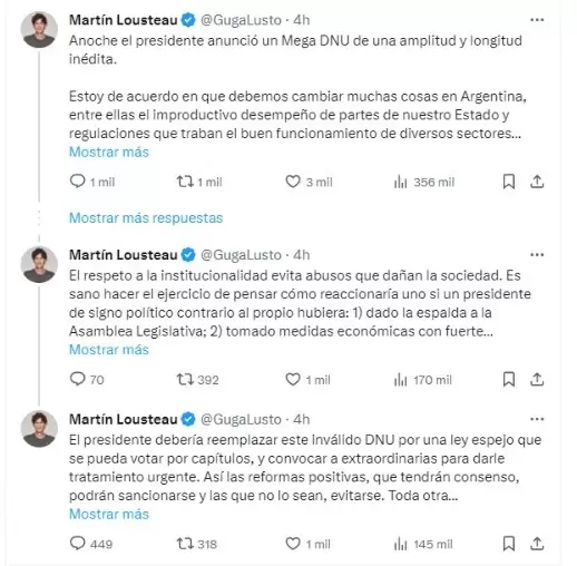 Tweets de Martn Lousteau en contra del DNU.