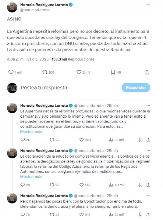 Tweets de Horacio Rodrguez Larreta en contra y a favor del DNU.