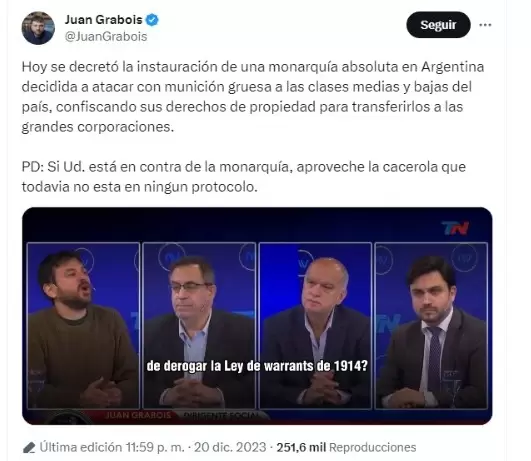 Tweets de Juan Grabois en contra del DNU.