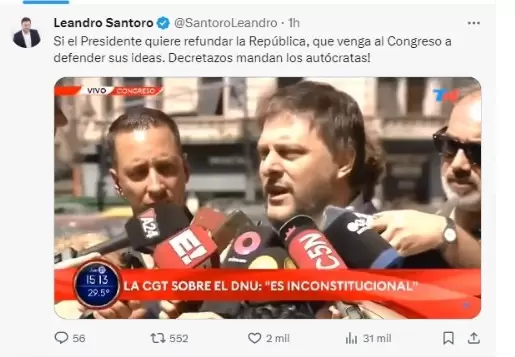 Tweets de Leandro Santoro en contra del DNU.