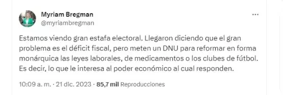 Myriam Bregman calific como "estafa" el DNU de Milei.