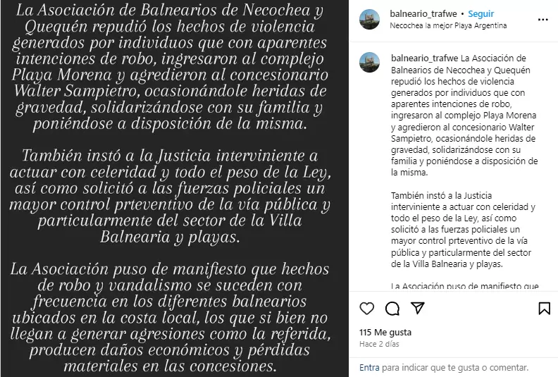 La Asociacin de Balnearios de Necochea y Quequn repudi "los hechos de violencia"