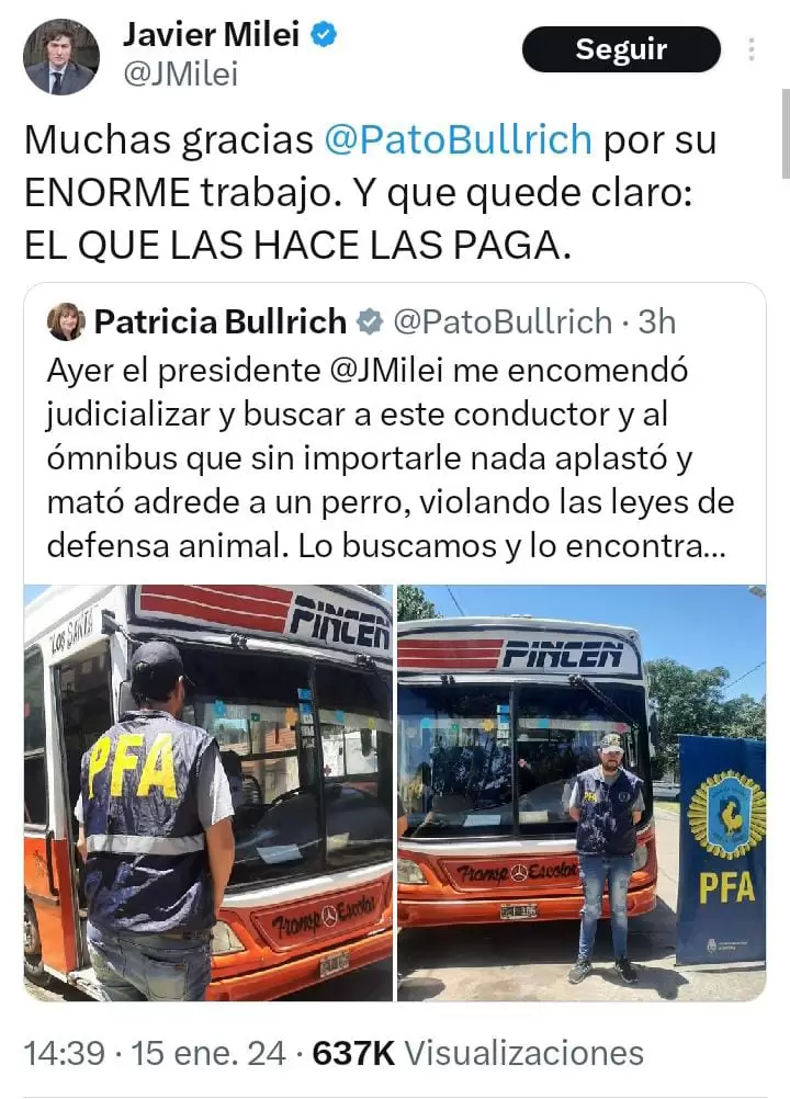 Dilogo entre Bullrich y Milei mediante twitter.