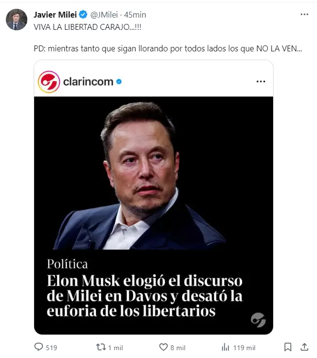 Milei feliz por la respuesta de Elon Musk