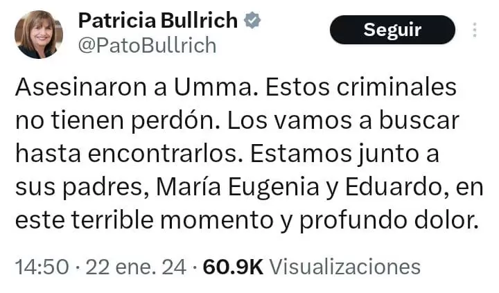 "Los vamos a buscar hasta encontrarlos": tweet de Bullrich en contra de los asesinos de la hija de su custodio.